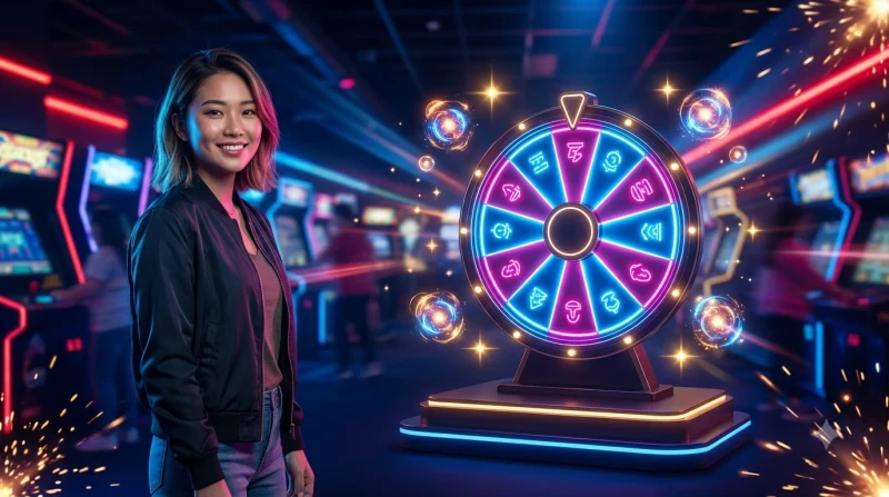 roda-spin-arcade-bercahaya-dengan-moedas-digitais-flotantes-ilustrasi-konseptual Vòng quay arcade phát sáng với các đồng tiền kỹ thuật số nổi, minh họa khái niệm